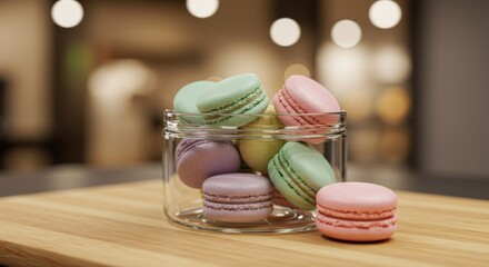 Delicate Pastel Macarons in a Glass Jar and on a Wooden Surface