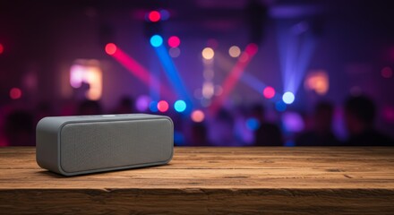 Portable Bluetooth Speaker on Rustic Table with Vibrant Party Lights