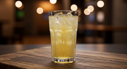 Glass of Iced Lemonade on a Wooden Table with Blurred Background Lights