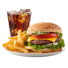 Burger meal with soda and fries on a plate isolated on a transparent background
