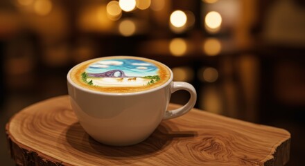 Creative Latte Art with Horse and Arch Landscape on Wooden Table