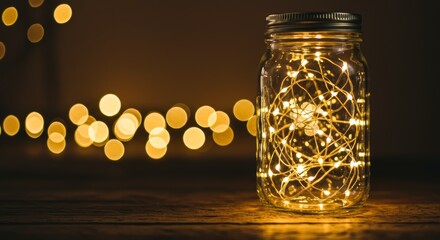 Warm Fairy Lights in Mason Jar on Wooden Table with Bokeh Background