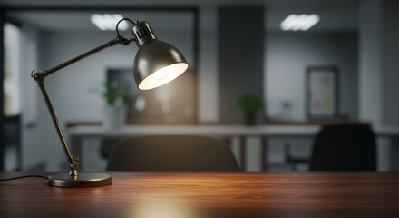 Minimalist Metal Desk Lamp Illuminating Warm Wooden Surface in Blurred Office
