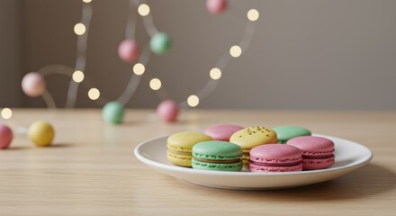 Colorful Macarons on White Plate with Festive String Lights