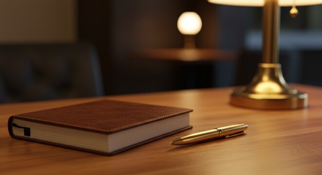 Warmly Lit Wooden Desk with Leather bound Book and Golden Pen