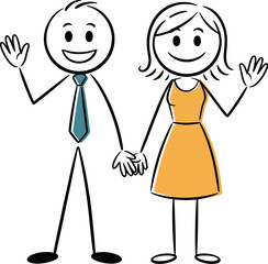 A smiling stick figure couple holding hands and waving hello.