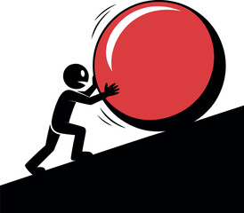 A stick figure person pushes a large red ball up a steep hill.