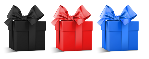 Set of black red and blue 3D gift boxes