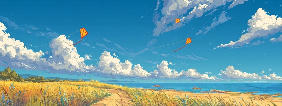 Colorful Kites Flying High Above a Sunny Coastal Field with Panoramic Views and Dramatic Clouds