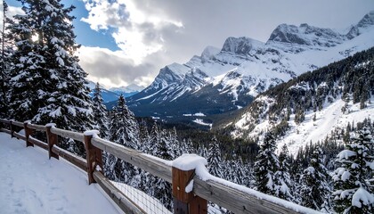 Snowy mountain landscape with trees and wooden fence.