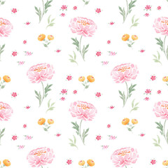 Floral seamless pattern with peonies and roses png on transparent background