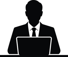 Businessman using Laptop Silhouette for Online Communication and Teamwork Icon