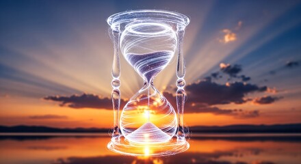 Antique glass hourglass measures the flow of sand, a powerful concept of time passing and an urgent business deadline countdown