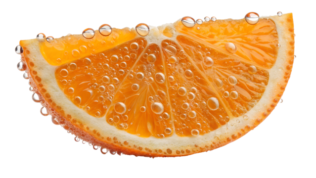 fresh slice of orange fruit with water drops isolated on white or transparent png
