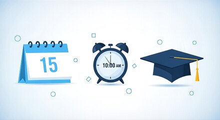 3d concept illustration of an education deadline school symbol with graduation cap and diploma near a business alarm clock to sign the hour