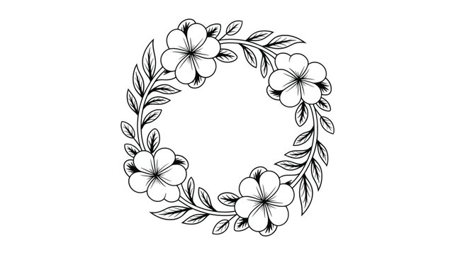 Elegant oval floral wreath composed of delicate hibiscus flowers and lush green leaves in a classic black and white silhouette style