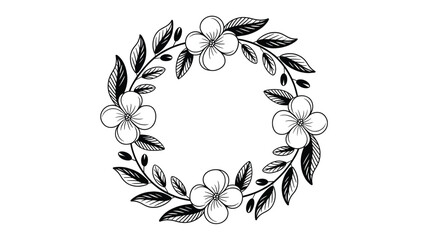 Elegant oval floral wreath composed of delicate hand drawn flowers and leaves in a charming sketch silhouette style