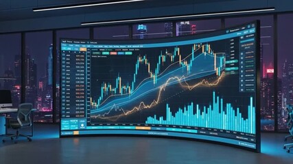 Financial data on a large curved screen in a modern office with city view at night - Powered by Adobe