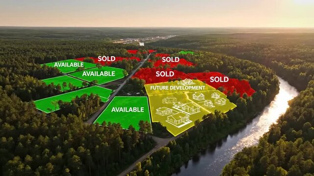 Drone footage showcases prime real estate for sale by the river, imagine building your dream home in this picturesque setting surrounded by nature