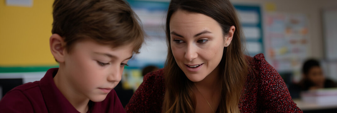 A dedicated teacher attentively helps a young student with their studies, creating a nurturing and encouraging environment that reflects the essence of education and mentorship.
