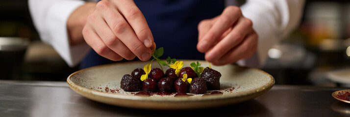 A focused chef meticulously creates a visually stunning dish, showcasing culinary artistry and creativity, inviting viewers to appreciate the beauty of food preparation.