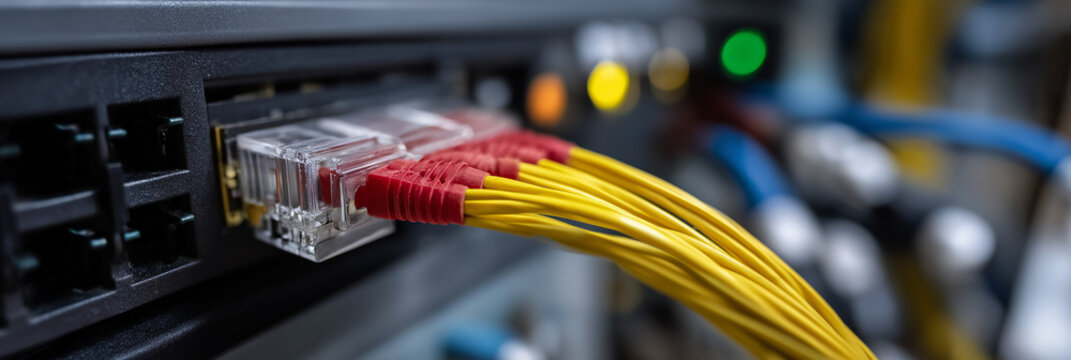 A close-up of network cables plugged into a server, highlighting the importance of connectivity in today's digital age with vibrant colors and a professional setup.
