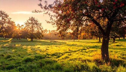 Fototapeta premium Golden Hour Glow - Serene Orchard Landscape at Sunset.