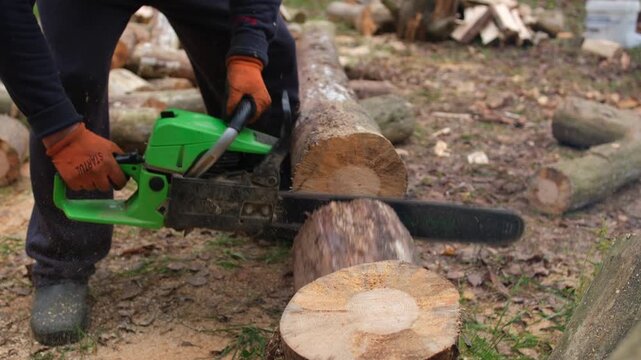 A man in a village chops wood with a chainsaw