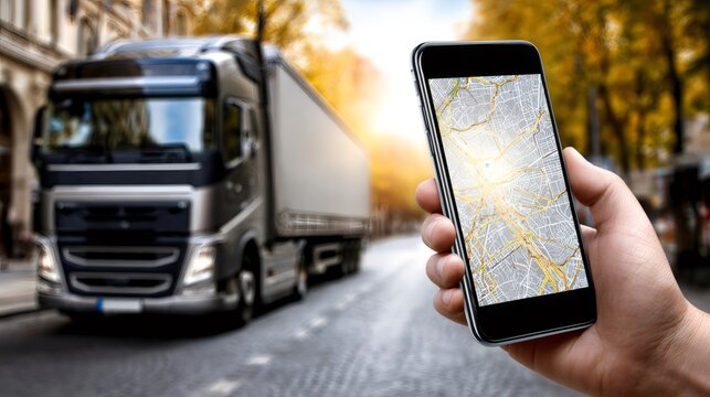 Hand holding smartphone navigating delivery truck on city street