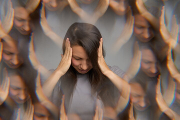 Woman touching head suffering from migraine with aura and visual distortion