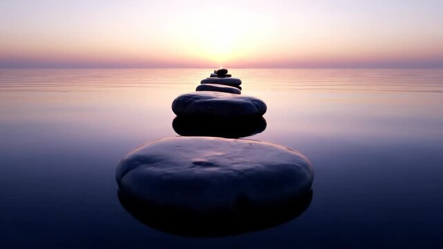 Balanced Stones at Sunset - A tranquil scene shows a stack of balanced stones extending into the ocean water at sunset. The sun sits directly behind the stack, reflecting warmly on the calm water.