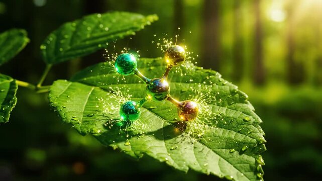 Molecular Structure on Leaf - A molecule structure with sparking effects lies on a green leaf with water droplets in a forest setting.