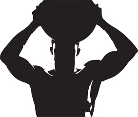Silhouette of a muscular person lifting a heavy round object overhead in a powerful pose
