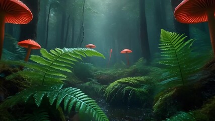 Mystical Forest Morning: Glowing Mushrooms and Dewy Ferns - Powered by Adobe