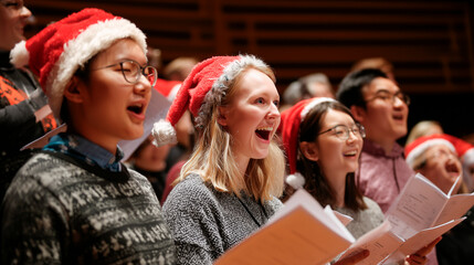 A joyful group of carolers wearing Santa hats sing Christmas songs together, spreading festive cheer and holiday spirit.