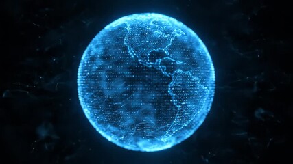 Digital Earth Hologram - A glowing, futuristic blue globe, constructed from digital nodes and connections, floats against a dark background. - Powered by Adobe