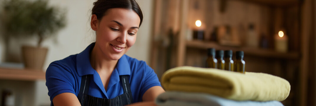 A cheerful woman at a wellness spa, efficiently organizing towels and essential oils, emphasizing the role of self-care and relaxation in rejuvenating personal health.