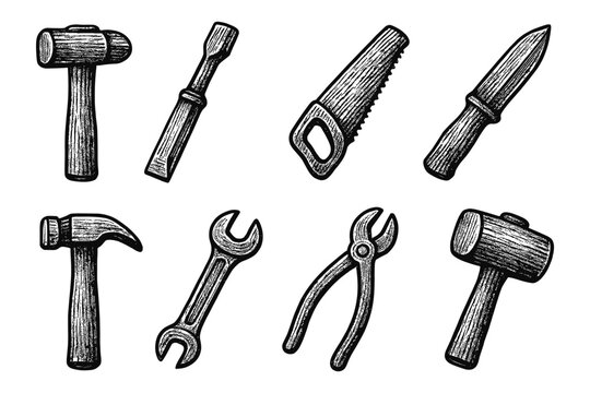 Hand drawn vintage tools collection featuring hammer and saw