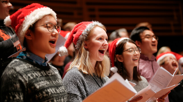 A joyful group of carolers wearing Santa hats sing Christmas songs together, spreading festive cheer and holiday spirit.