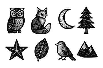 Obraz premium Woodland animals and nature elements in vintage hand drawn style