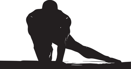Silhouette of a person in a forward-leaning stretch pose preparing for physical activity

