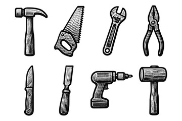 Vintage tool set: hand-drawn collection of classic woodworking instruments