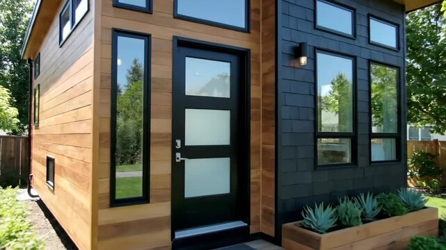 Modern Tiny Home Exterior - A modern tiny home with wood and dark siding is showcased on a sunny day. The front of the house features a black door with frosted glass, rectangular windows and planter