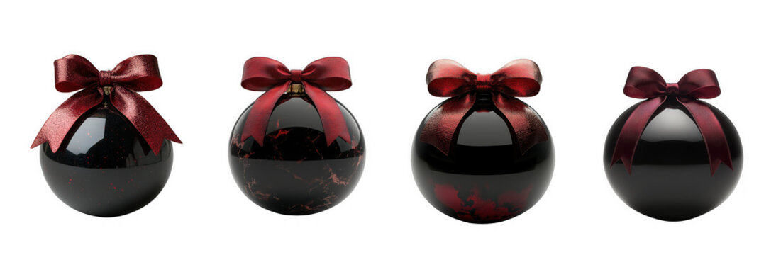 Four dark red and black christmas ornaments with sequined bows isolated on transparent background