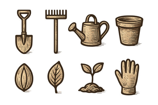 Rustic garden tools and elements: vintage hand-drawn design for nature and gardening enthusiasts