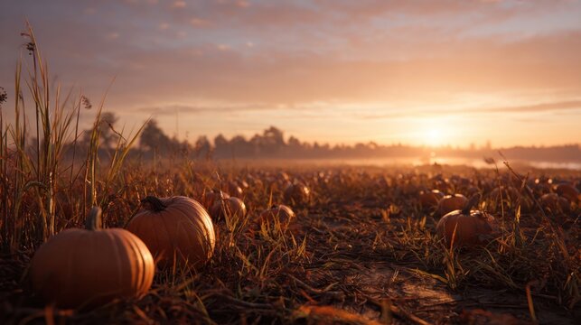 Country field with pumpkin harvest, golden sunset, cinematic ultra realistic 8k