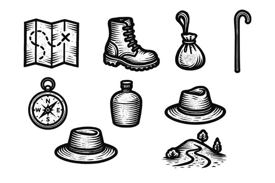 Hand-drawn camping icons: adventure tools for outdoor exploration