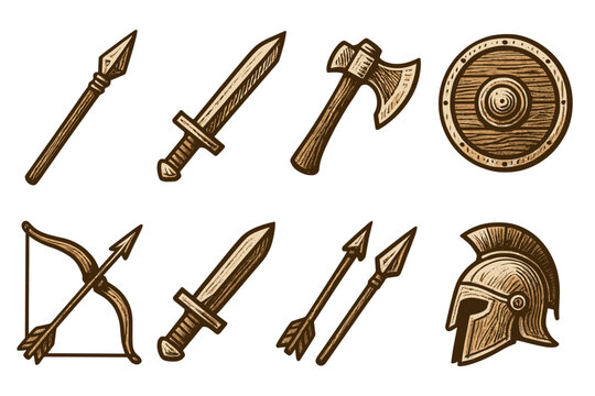 Medieval weapons set in hand drawn style: swords, axes, shields, and helmets
