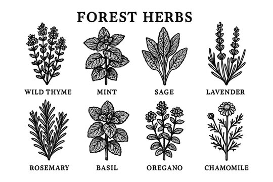 Botanical collection of forest herbs in detailed vintage style