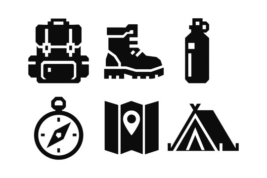Camping icons set: backpack, hiking boots, water bottle, compass, map, tent